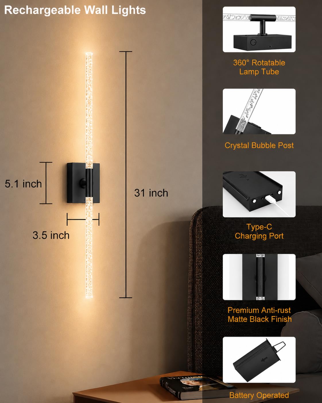 Crystal Bubble Battery Operated Wall Sconces Set of 2: 10000mAh Rechargeable Wall Lights with Remote, 360° Rotate 4CCT Modern Wireless Wall Lighting for Hallway Bathroom Bedroom Living Room Mirror