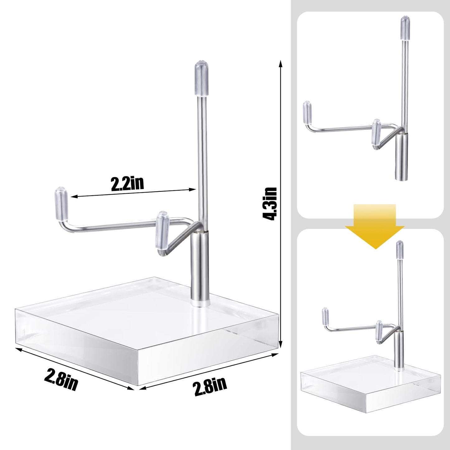 Suzile 4 Pcs Adjustable Metal Arm Display Stand Easel with Acrylic Base Rock Display Easel Holder Acrylic Crystal Clear Plate Stand for Geodes Mineral Agate(Silver,2.8 x 2.8 x 4 Inch)
