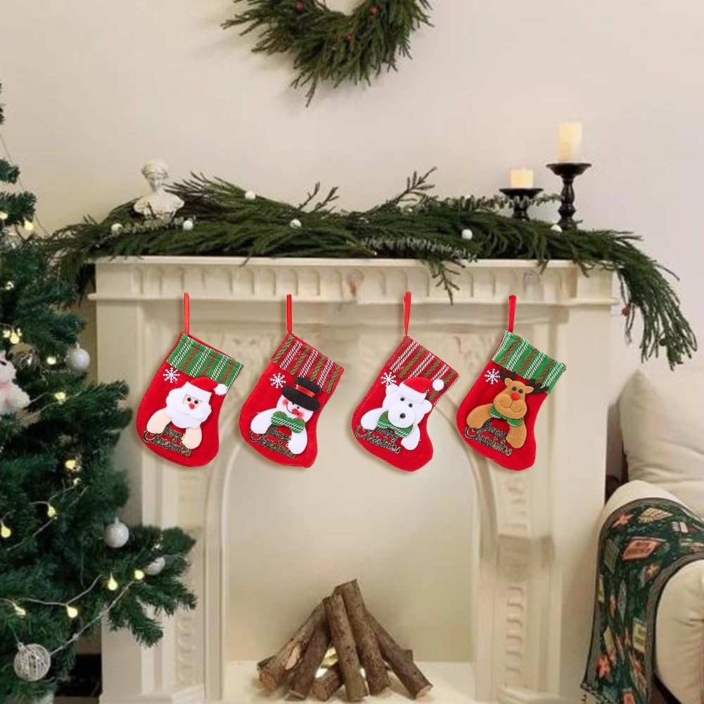 SOFPLATE 4 Styles 12Pcs Mini Christmas Stockings Christmas Hanging Stockings Bulk 3D Plush Santa Snowman Reindeer Bear Decorations for Home Decorations Tree Ornaments Party Favor Supplies Gift Holder