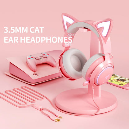 SOMIC GS510 Gaming Headset, Cat Ear Headset PC Gaming Headphones with Retractable Mic Noise Cancelling, Stereo Sound, DIY Face Covers for PC, PS4, PS5,Xbox One(Only White LED Light)-Pink