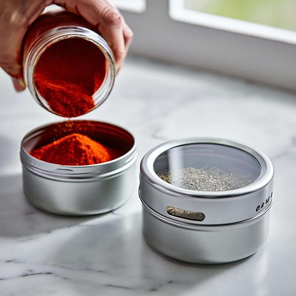 Magnetic Spice Jars with Lid - 4 Pack Stainless Steel, Strong Hold for Fridge & Grill, Adjustable Sprinkle, Easy Refill (Silver)