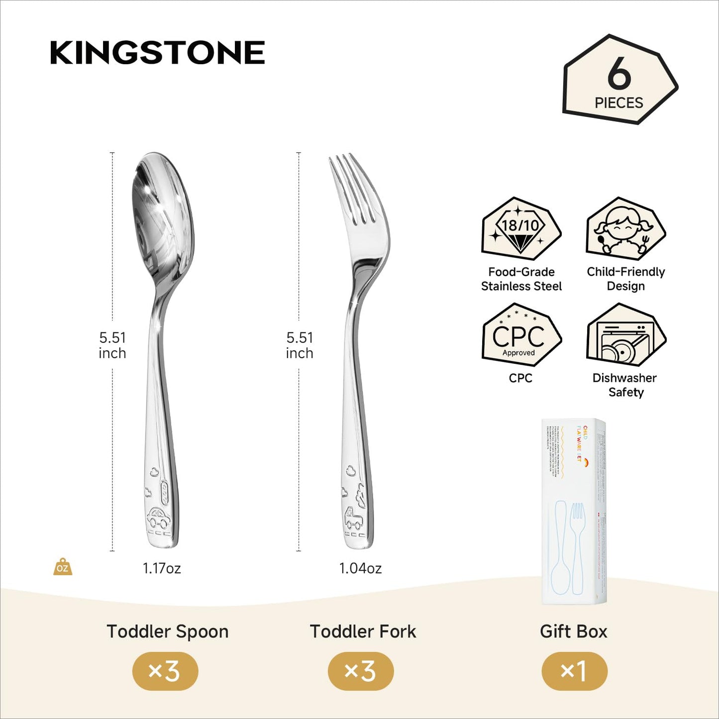 KINGSTONE 6 Pieces Toddler Utensils Set, 18/10 Stainless Steel Kids Silverware, 3 Forks & 3 Spoons, Food-Grade, Cute Car Design, Dishwasher Safe for Children Self-Feeding