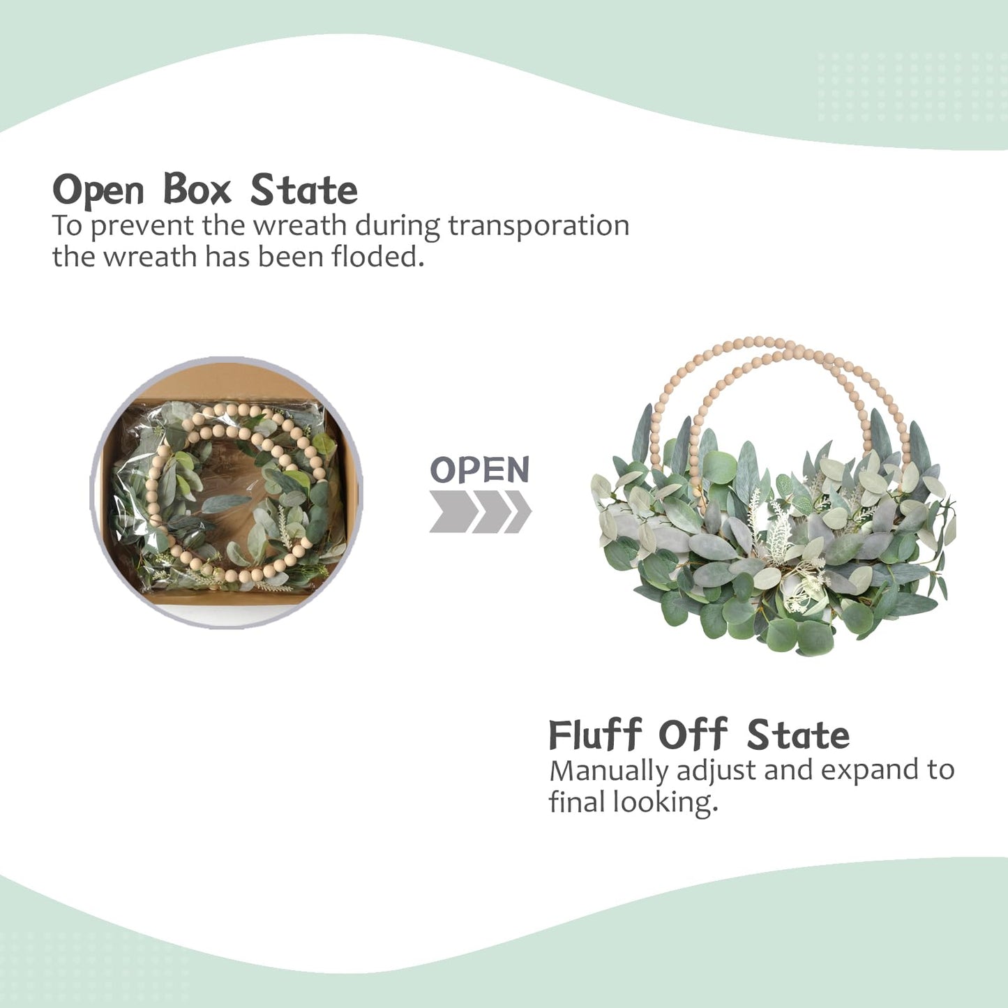 TEMPUS 2Pcs 16" Artificial Eucalyptus Wreaths - Handmade Wooden Bead & Lamb's Ear Spring Wreaths for Front Door, Farmhouse Wall Decor, Holiday Party