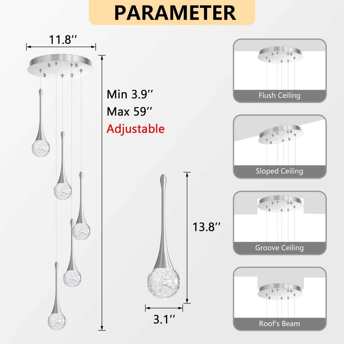 cenzoz 5-Lights Modern Pendant Lights for Kitchen Island LED Dimmable Chandelier Crystal Glam Ceiling Pendant Lighting for Dining Room Hallway Bedroom Lamp Brushed Nickel