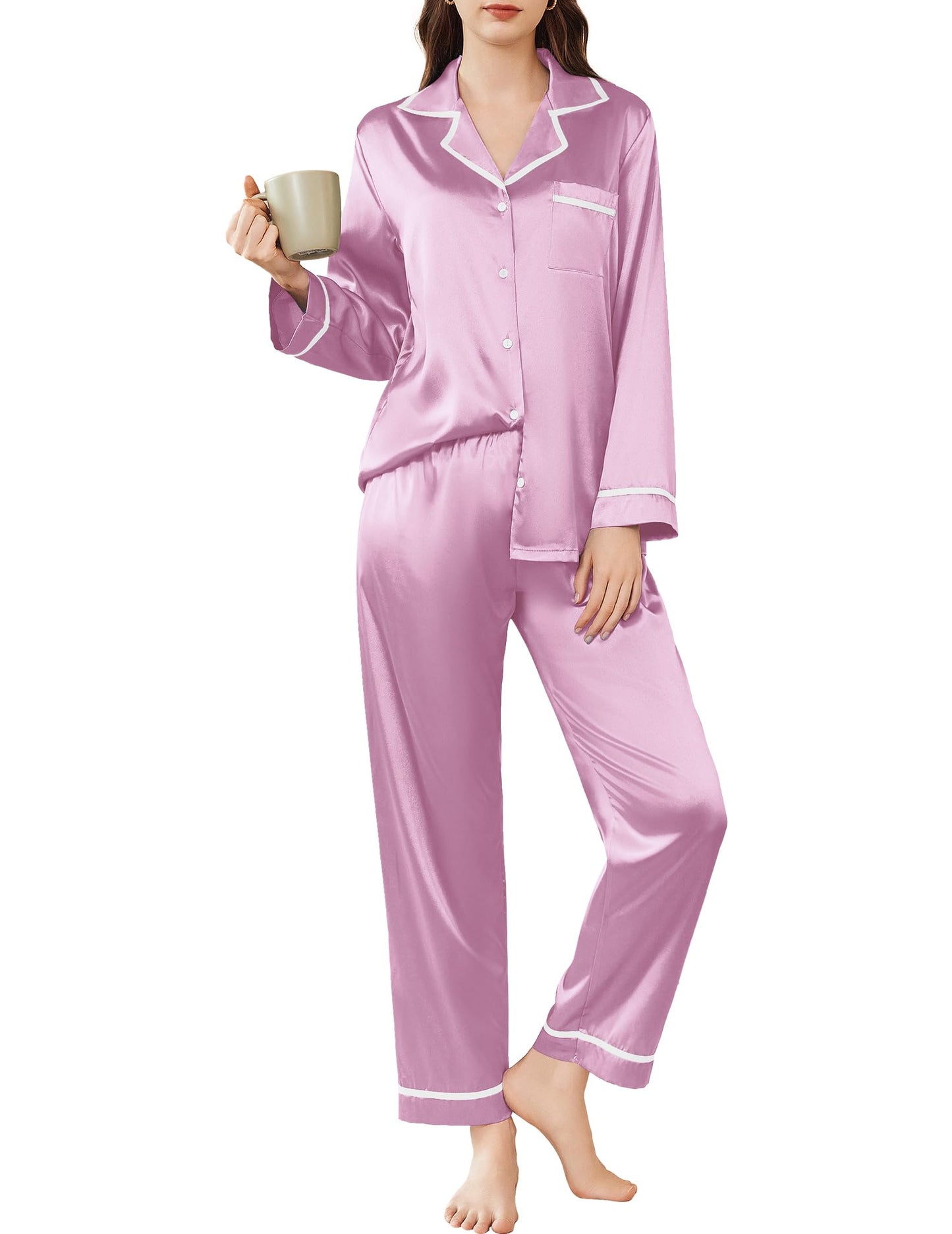 Ekouaer Satin Pajamas Set for Women Long Sleeve Pants Pj 2 Piece Lounge Set