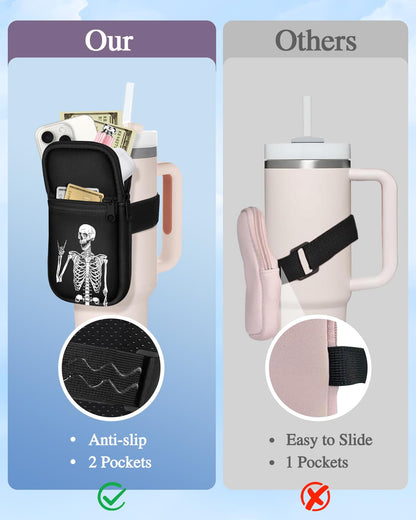 Water Bottle Pouch Backpack For Stanley Quencher Cup - Black Skeleton Print 40 30 oz Tumbler Bag Purse Pack Wallet For Phone Keys Gym Accessories