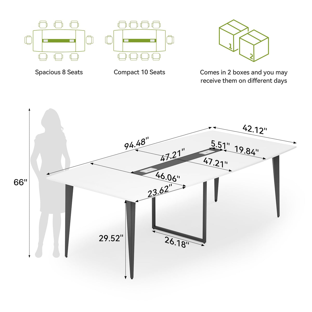 LITTLE TREE 8FT Conference Room Table, 94.48L x 47.21W x 29.52H Boat Shaped Meeting Table, White&Black