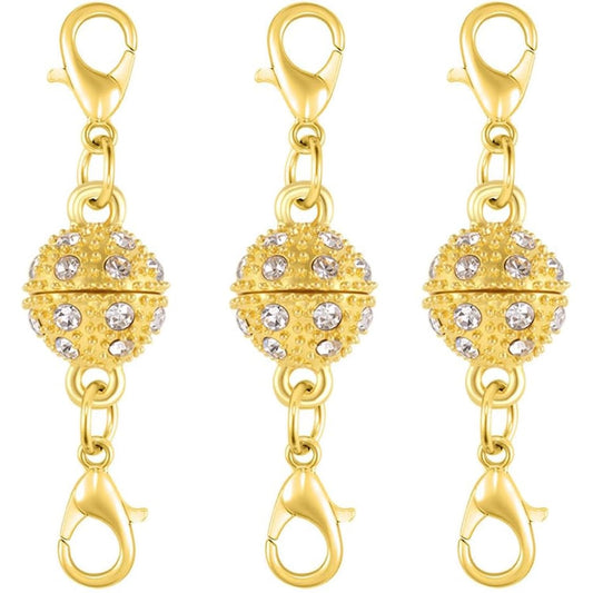 Magnetic Necklace Clasps, 18K Gold and Silver, Crystal Rhinestone Ball Connector with Lobster Clasp, Jewelry Extender for Necklaces, Bracelets (3pcs Golden)