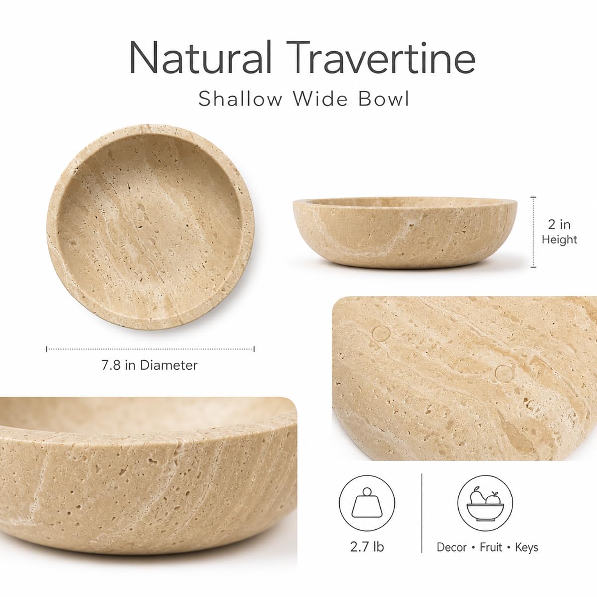 IVWOXO Natural Travertine Decorative Bowl for Coffee Table – 7.8”Handmade Beige Stone Fruit Bowl, Key Bowl for Entryway Table, Modern Catchall Tray, Vanity Jewelry Dish, Rustic Home Decor Centerpiece