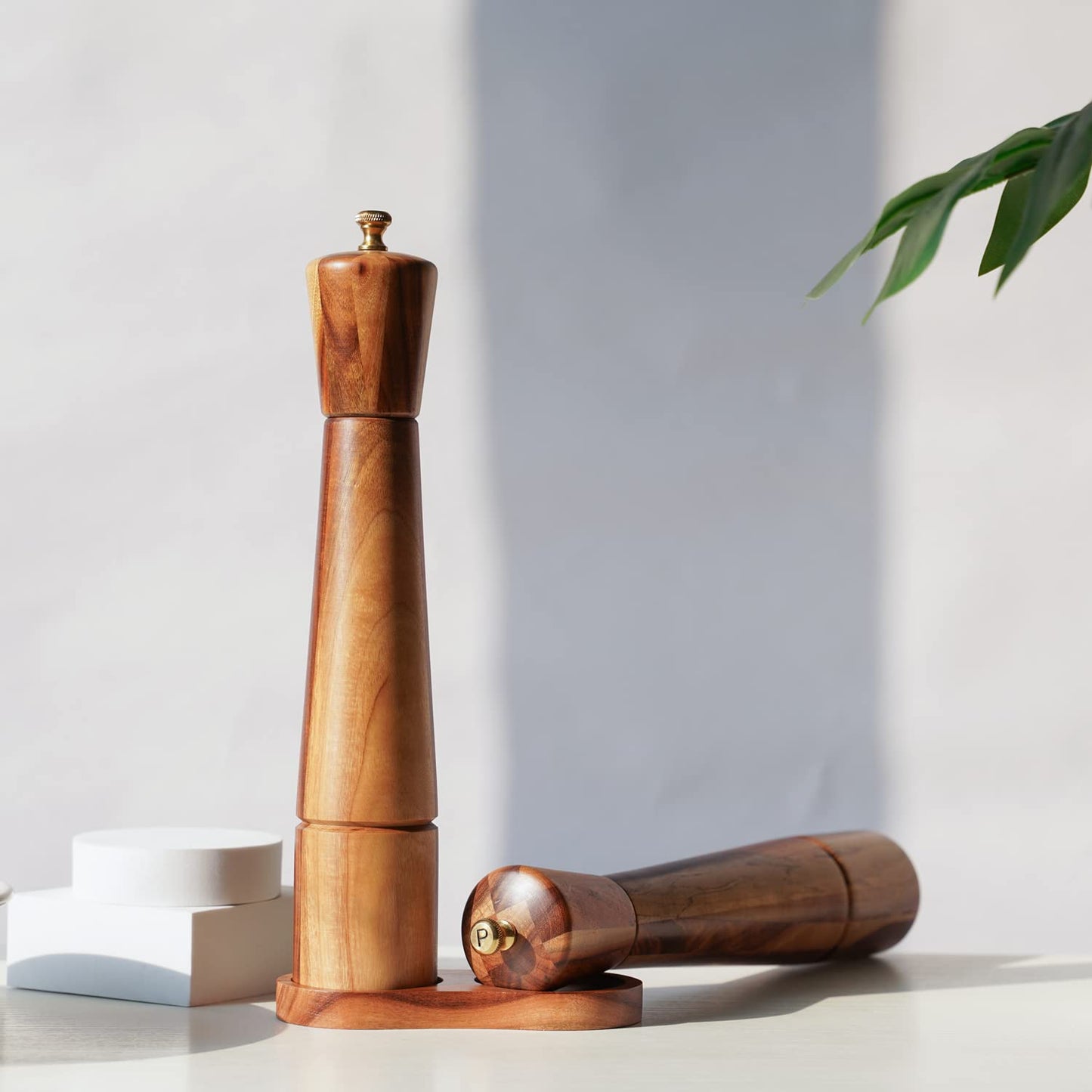 DeroTeno Salt and Pepper Grinder Set with Tray, Adjustable Ceramic Grinder Salt Mill, Stainless Steel Grinder Pepper Mill, Acacia Wood, 32 cm / 12 inch Height, Bottom Dia 6 cm (Tray is Included)