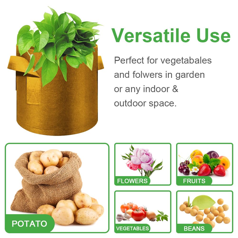 FineGearPow 5-Pack 15 Gallon Grow Bags Heavy Duty Thickened Nonwoven Fabric Pots with Handles, Plant Grow Bags for Vegetables/Flower/Plant/Fruits, Brown