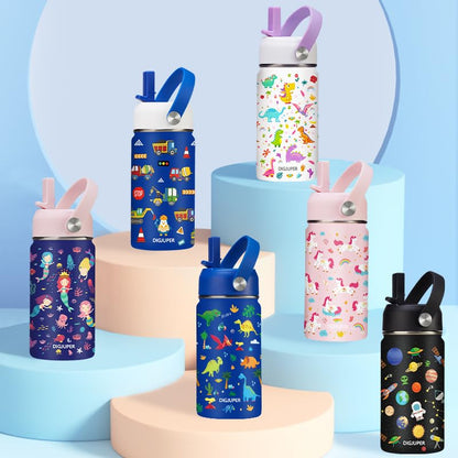 12 oz Kids Insulated Water-Bottle w/Straw - Cold-24h Hot-12h, Toddler Water Bottle Spill-proof & BPA-free, Stainless Steel Water Bottles Kids, Space Insulated Cup for School Camping Boys Girls Gift