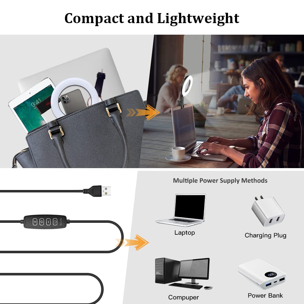 Ring Light with Tripod Stand&Clip Video Calls, Evershop 5" Video Conference Halo Light 3 Light Colors+10 Brightness 360°Rotate Led Ring Light Stand Desk for Makeup PC Zoom Meeting YouTube TiKTok