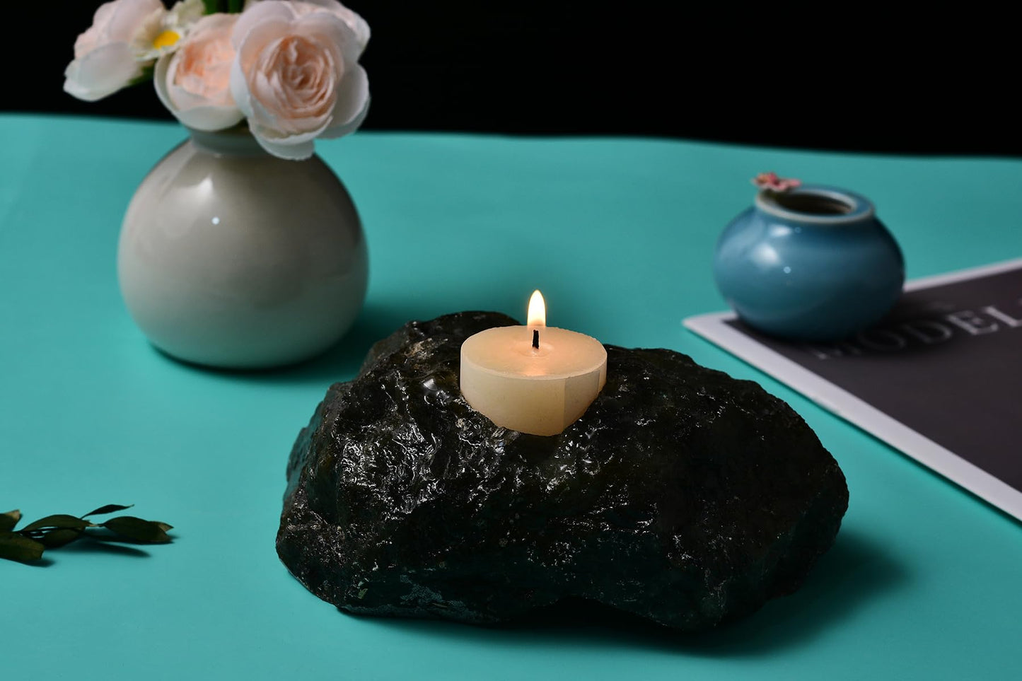 AMOYSTONE Natural Labradorite Tealight Candle Holder Healing Stone Candlestick Natural Healing Crystal Air Plant Holder 2.5-3.5 Lbs