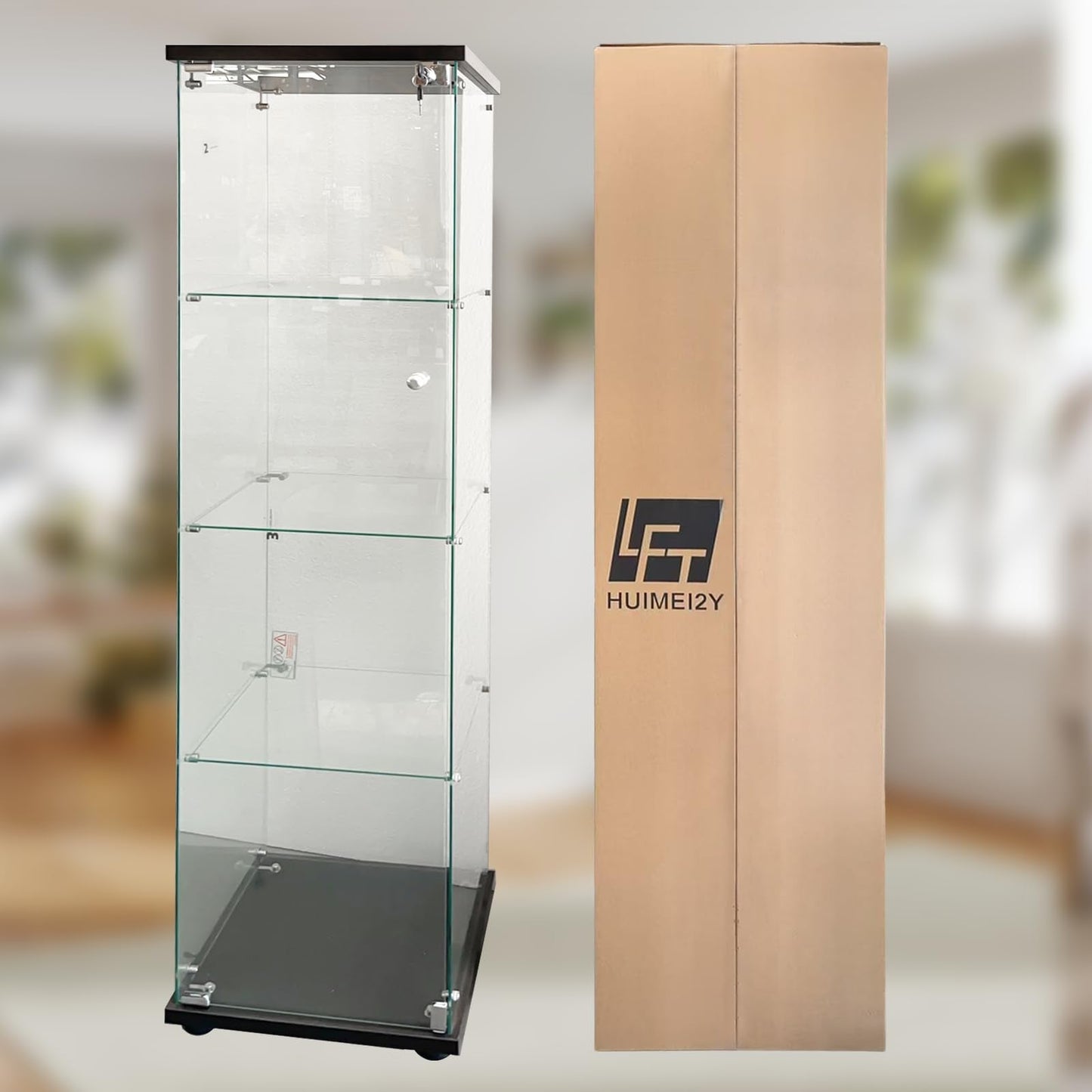LFT HUIMEI2Y Glass Display Cabinet with Door & Lock, 4-Tier Curio Cabinet for Collectibles, Figures, Wine, Tempered Glass Display Case for Living Room Bedroom Office, 65”x 17”x 14” Black