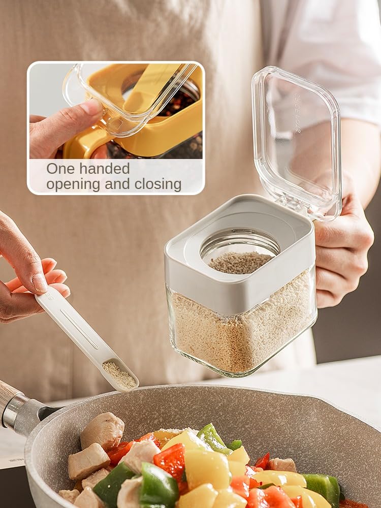 DAHUITX Condiment Jar Spice Container, Sugar and salt container set，Glass Seasoning Box with Spoon Dustproof Lid and Handle,for Kitchen, Counter,Food Storage,10oz Set of 3(grey)