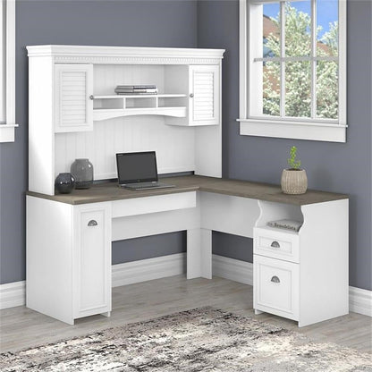 Hutch includes closed storage with framed louvered doors, three work-in-process cubby shelves and large center shelf