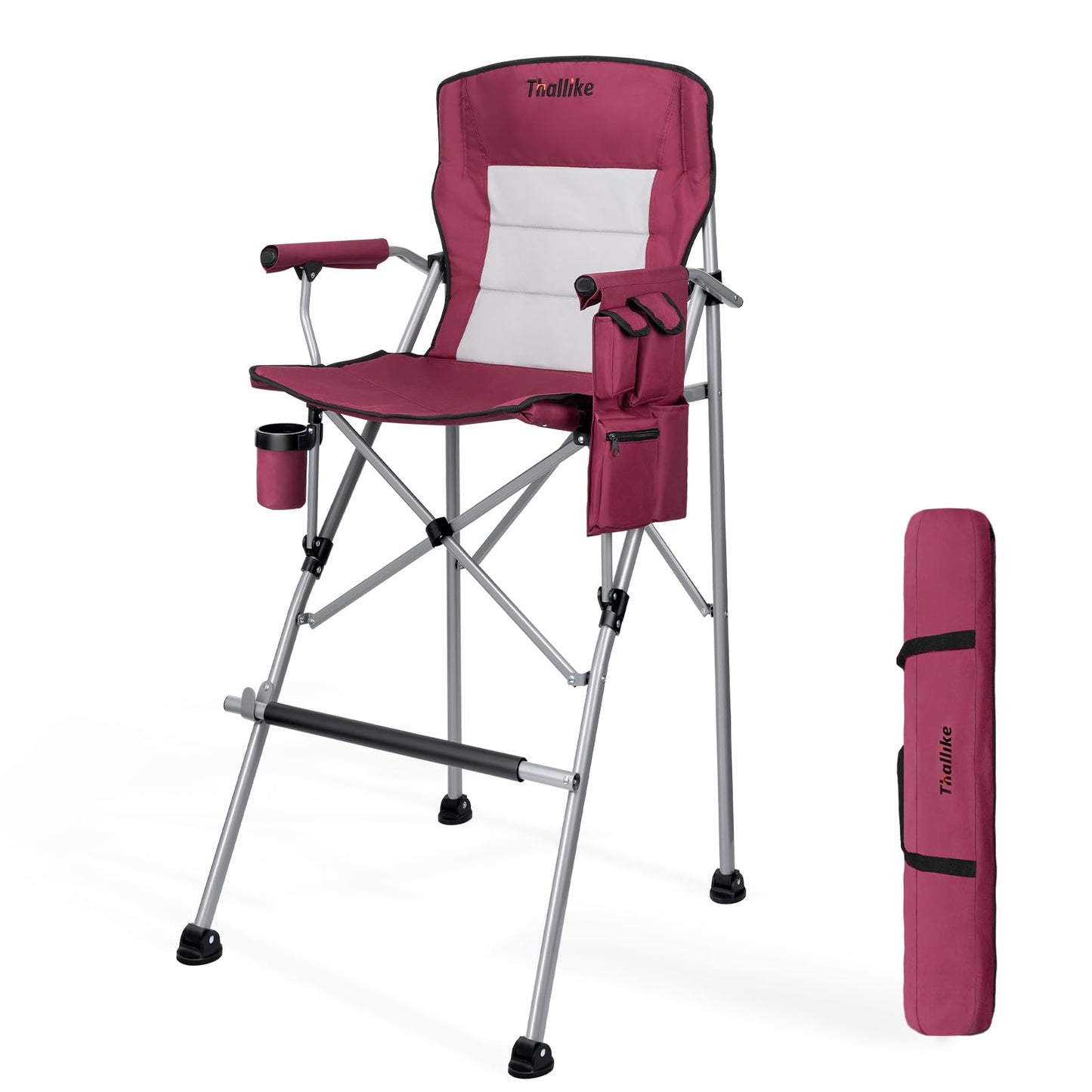 Thallike Foldable Directors Makeup Salon High Chair - Portable Camping Bar Height Folding Photoshoot Chairs with Stroage Bag Cup Holder Non-Slip Footrest, Supports 400 lbs Red Tall Director Chair