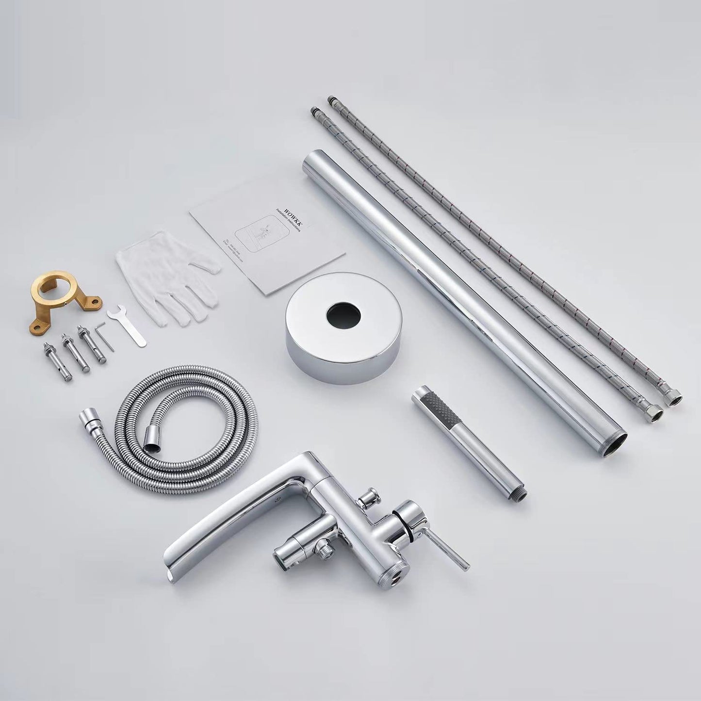 Wowkk Waterfall Freestanding Bathtub Faucet Chrome Floor Mount Tub Filler Brass Single Handle Bathroom Faucets with Hand Shower