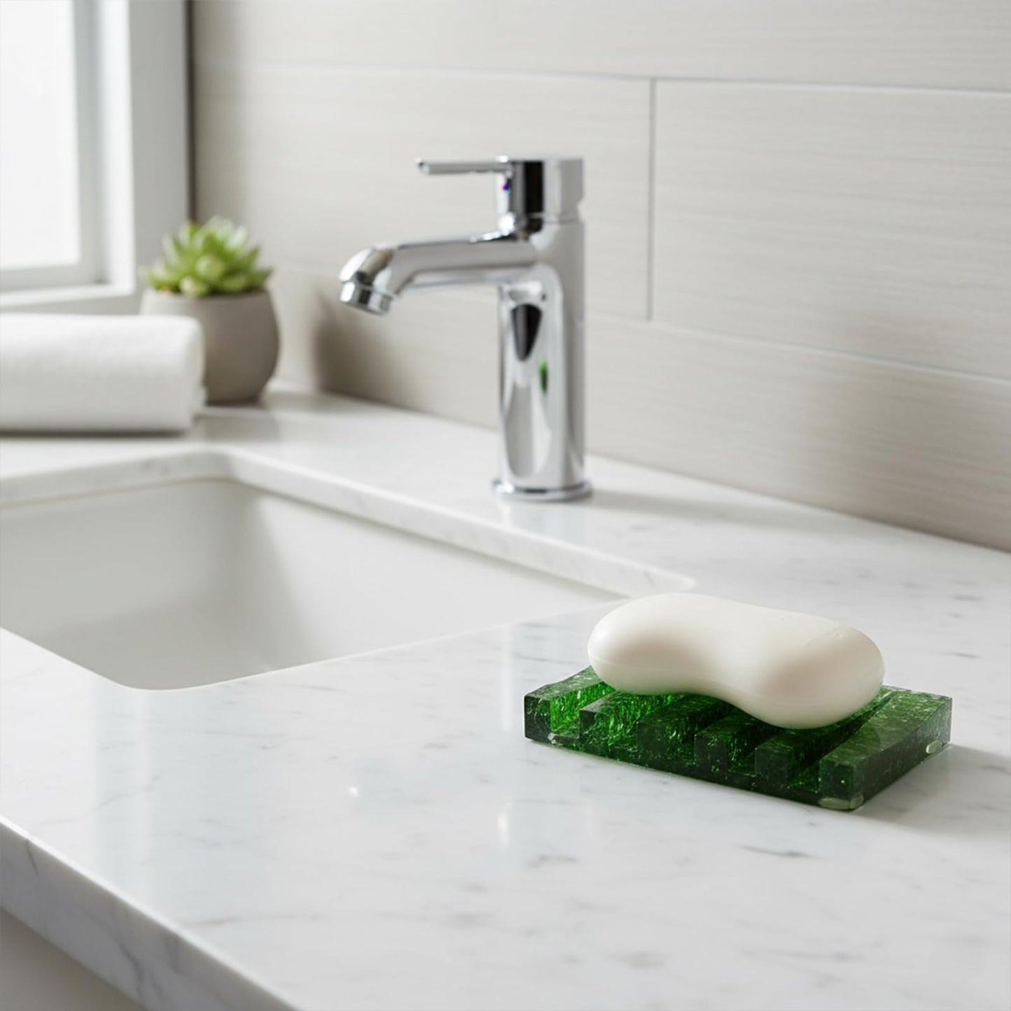 Vinsiora Soap Dish Rectangular Self Draining Holder with Natural Green Bead Inclusions Handcrafted Bathroom Tray Modern Decor Accessory 4.33 x 2.99 x 0.59 Inches (Green Crystal Single-Drain Soap Rack)