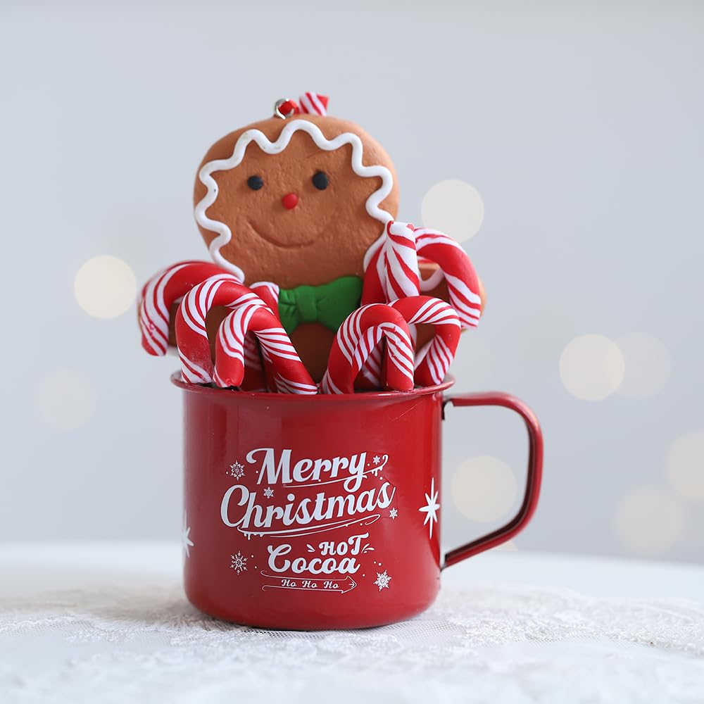 PageebO Gingerbread Man Mug Ornaments Set, 2Ft Clay Gingerbread Man in Mug Candy Shatterproof Pendents for Christmas Tree Decorations Indoor Outdoor Cute Xmas Decor Gift Home New Year Party Supplies