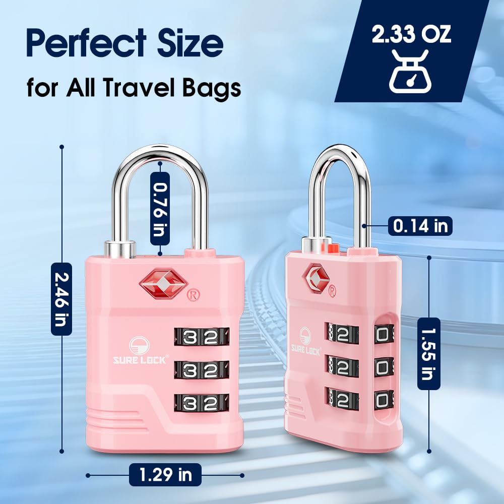 SURE LOCK TSA Approved Luggage Lock – 3-Digit Resettable Combination Padlock with Open Alert Red Dot, Large Easy-Read Dials for Suitcases, Backpacks, Gym & School Lockers(Pink 1 pk)