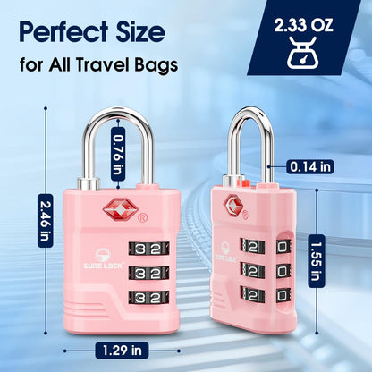 SURE LOCK TSA Approved Luggage Lock – 3-Digit Resettable Combination Padlock with Open Alert Red Dot, Large Easy-Read Dials for Suitcases, Backpacks, Gym & School Lockers(Pink 1 pk)