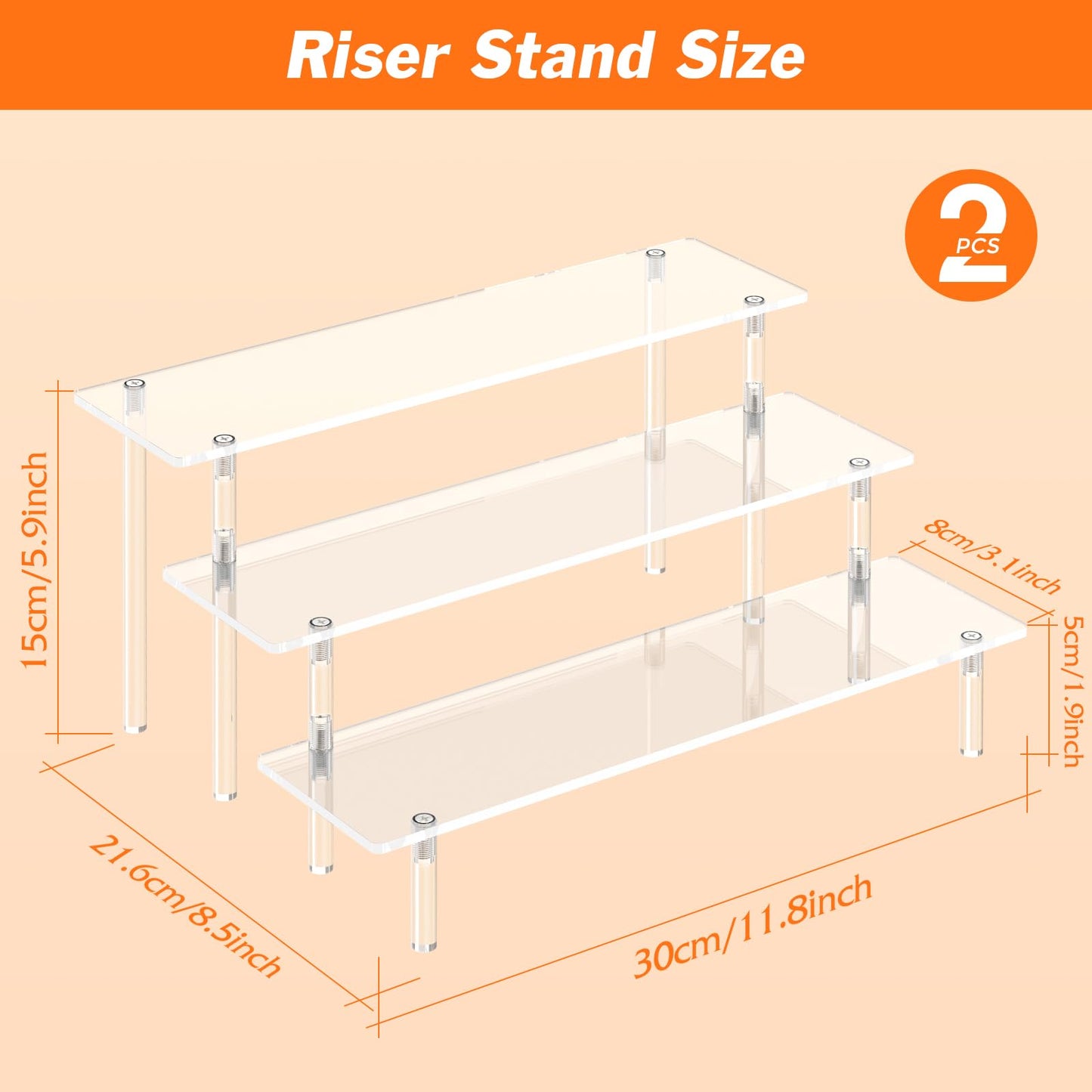 3 Tier Acrylic Display Risers, Large Perfume Organizer Stand, Clear Cupcake Stand Holder, Display Shelves for Figurines, Dessert Shelf for Party, Risers Display Stand for Decoration (2 Pack)