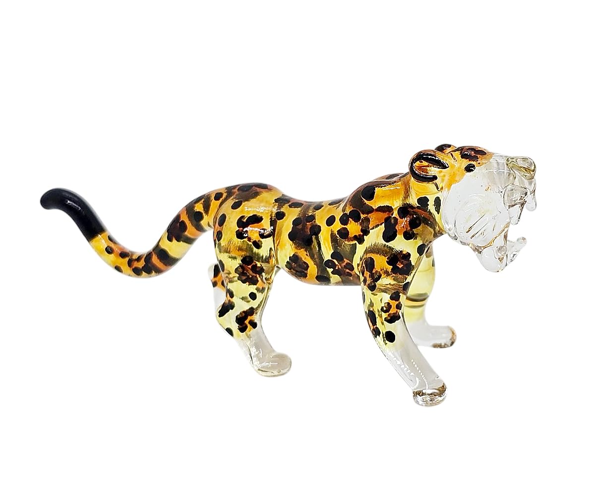 ChangThai Design Tiny 3½" Yellow Black Spotted Roaring Leopard Cheetah Jaguar Figurine - Miniature Hand Blown Glass Wild Cats Wildlife Felidae Animal Crystal Decorative Collectible Figures Décor Gifts