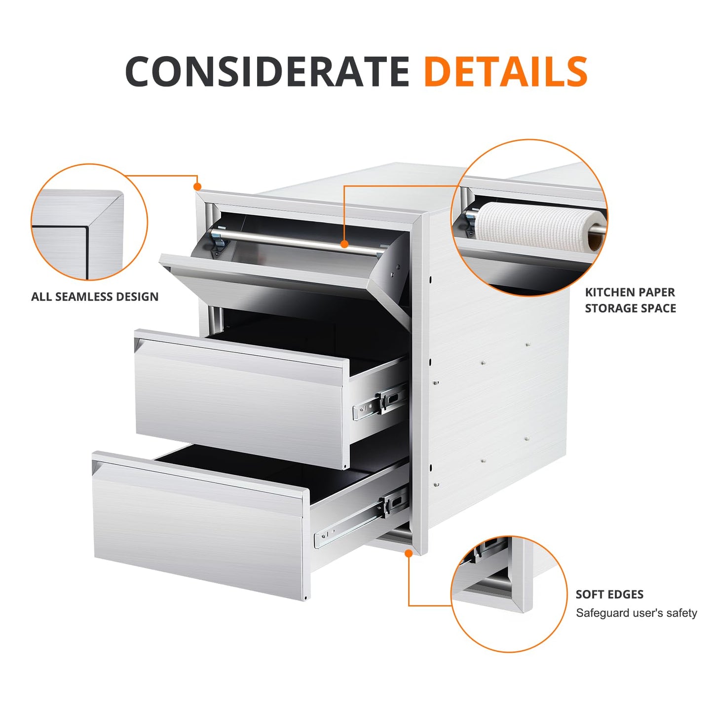 Outdoor Kitchen Access Drawers with Paper Towel Holder,16" W x 21" H x 23"D Stainless Steel Flush Mount BBQ Drawers with Grooved Handle,for Outdoor Kitchen Island or Patio Grill Station,3-Layer