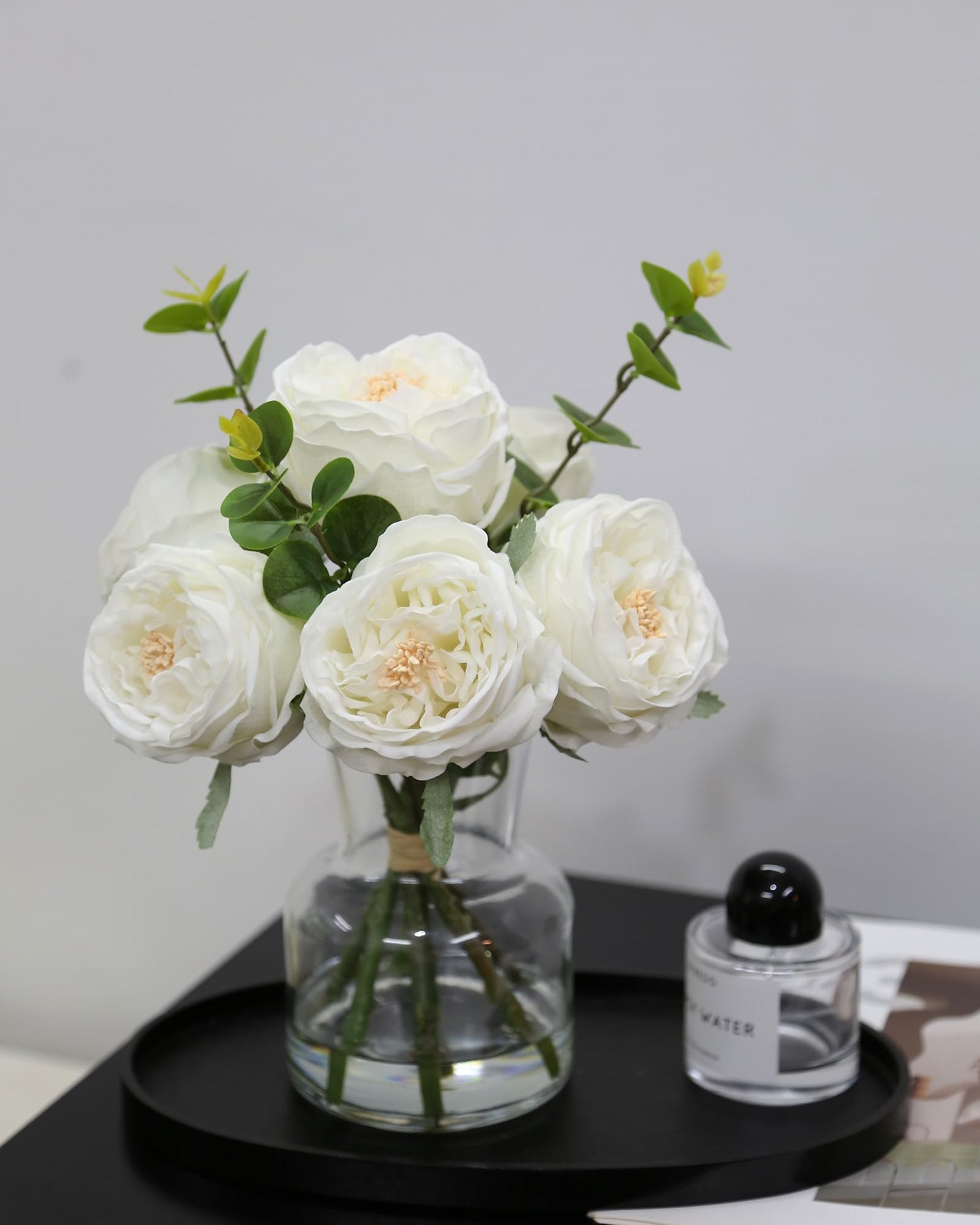 Bucoke Artificial Flowers in vase, Vivid Faux Rose Flowers Arrangements, Austin Rose Centerpieces for Tables, Flower Ornaments and Flower Arts for Living Room (White)