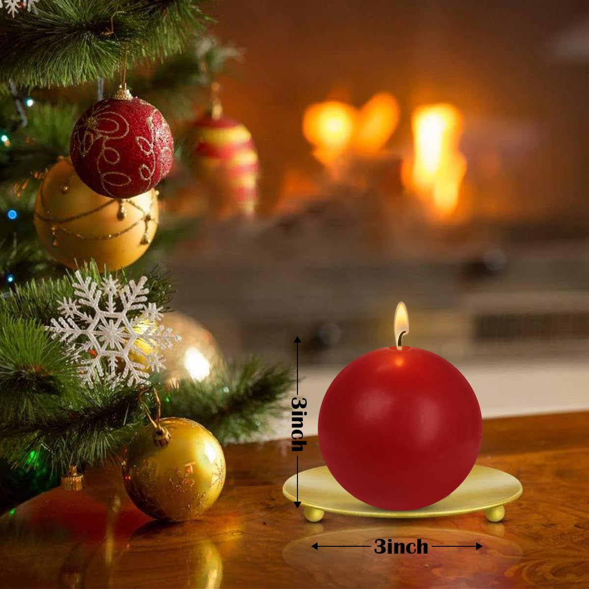 Ball Pillar Candles Set of 3 Red 3Inch Unscented Handpoured Weddings, Home Decoration, 75 Hour