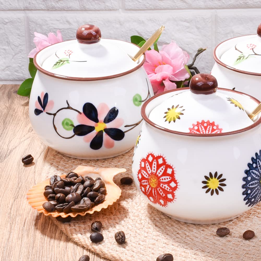 Whitenesser Ceramic Sugar Bowl with Lid and Spoon - 10.8oz Hand-Painted Floral Sugar Jar, Porcelain Salt Cellar for Kitchen Counter & Coffee Bar - Decorative Spice Jar for Honey, Jam, Seasoning