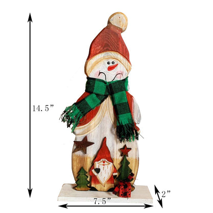 Grace Home Rustic Wood Standing Snowman Figurines Christmas Ornament Tabletop Mantel Centerpieces Decoration 14.5" H (Snowman)