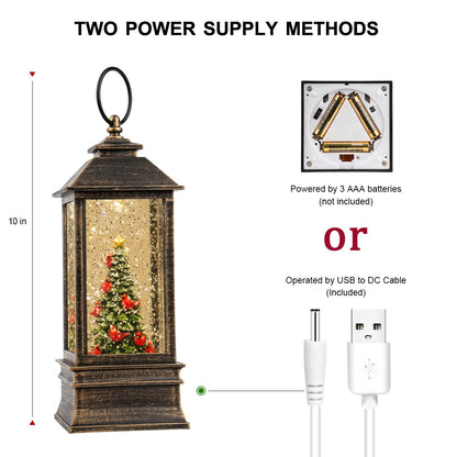 Christmas Snow Globe Lantern Water Glittering Christmas Tree with Music, USB Lined/Battery Operated Lighted Lantern for Christmas Festival Decoration Gifts