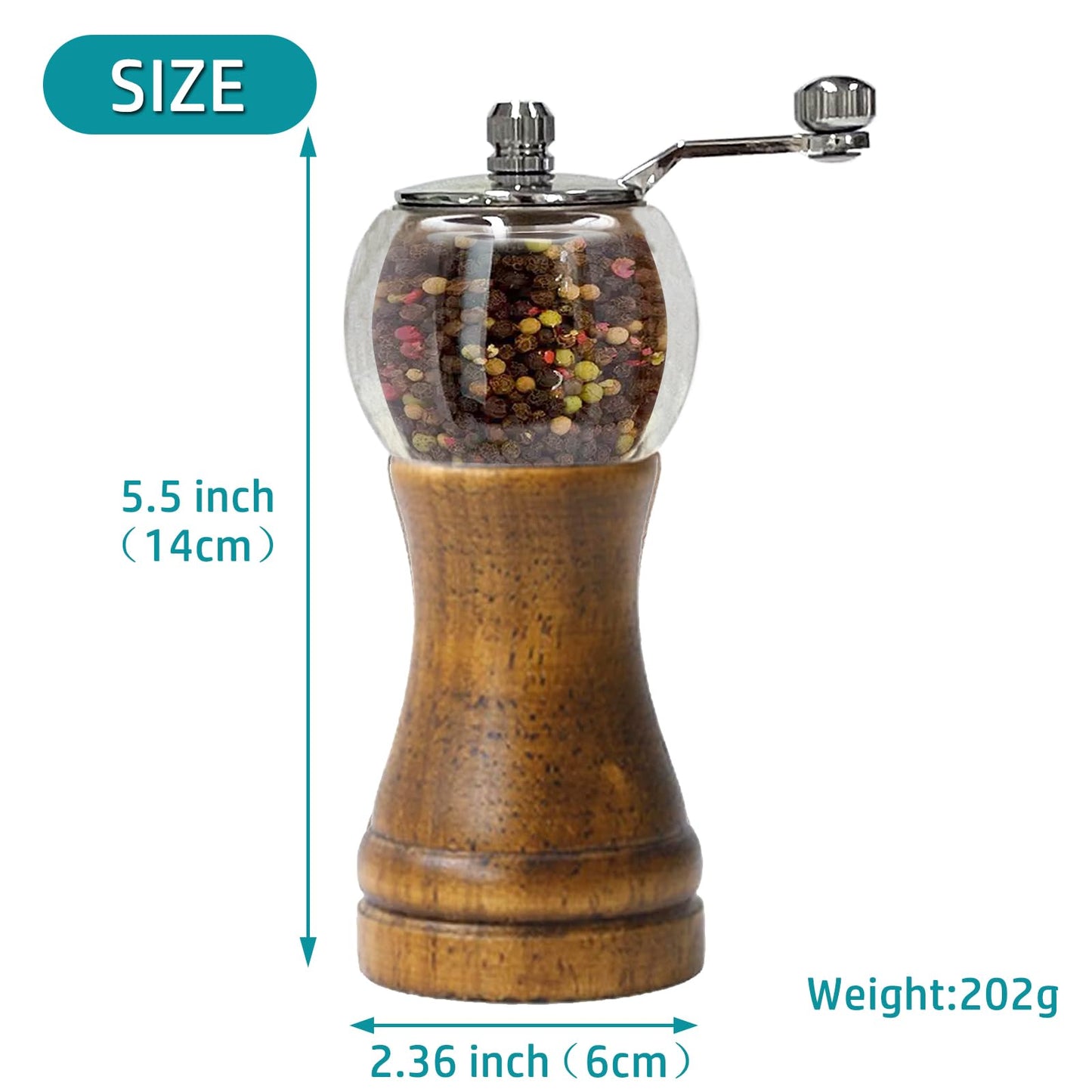 VEIZIBEE Salt and Pepper Grinder Set Manual Pepper Mill Set Classical Hand Shake Wooden Pepper Grinder Salt Mills Ceramic Blades Metal Handle, Enjoy Fresh Ground spices (Walnut color 2pcs-6in)
