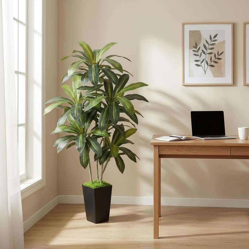 Artificial Dracaena Tree 6FT, Fake Tree with Black Tall Planter - Faux Yucca Tall Fake Floor Plant in Pot - Artificial Plant for Home Office Living Room Decor Indoor