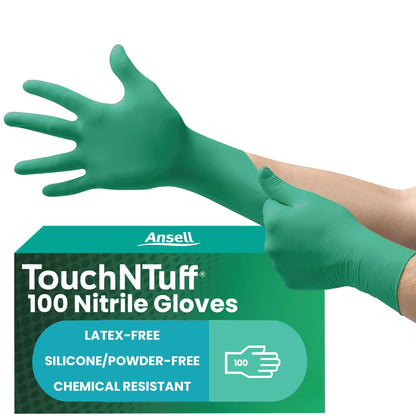 Ansell TouchNTuff 92-600, Nitrile Disposable Gloves, Food Grade Approved, High Protection Chemical Gloves, Latex Free, for Professional Use, Green, Large, 100 Pieces