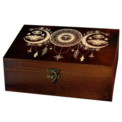 arricraft 1 Pc Wooden Memorial Storage Box, Sun and Moon Evil Eye Dreamcatcher Stars Flowers Pattern Rectangle Pine Photo Box for Anniversary Jewelry Board Storage (9.45x5.51x3.54 Inch)