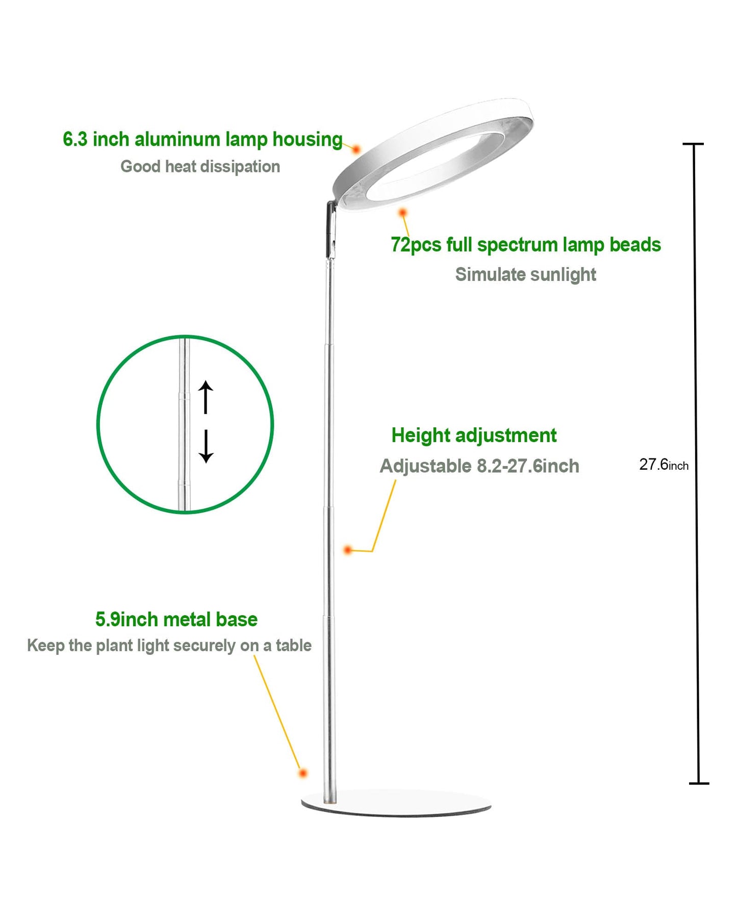Yadoker 72 LEDs Full Spectrum Plant Grow Light for Indoor Plants，Height Adjustable, 6.3" Aluminum Housing,Automatic Timer with 8/12/16 Hours,10-Level Brightness,White Plant Light,1Pack