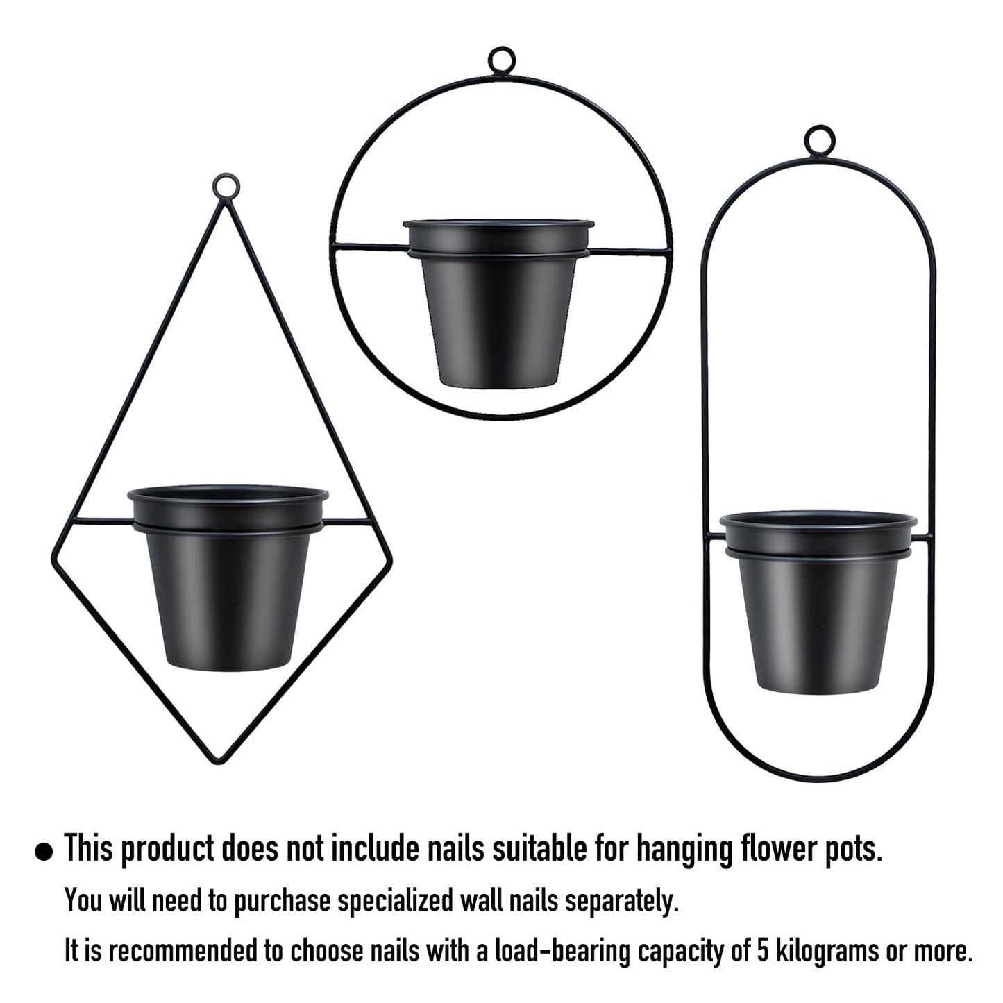 HemePaha Geometric Wall Planters for Indoor Plants Set of 3 Black Metal Wall Mounted Plant Holder (Diamond & Oval & Round Shapes) with 5 Inch Flower Pots, Modern Hanging Planters for Indoor Decor