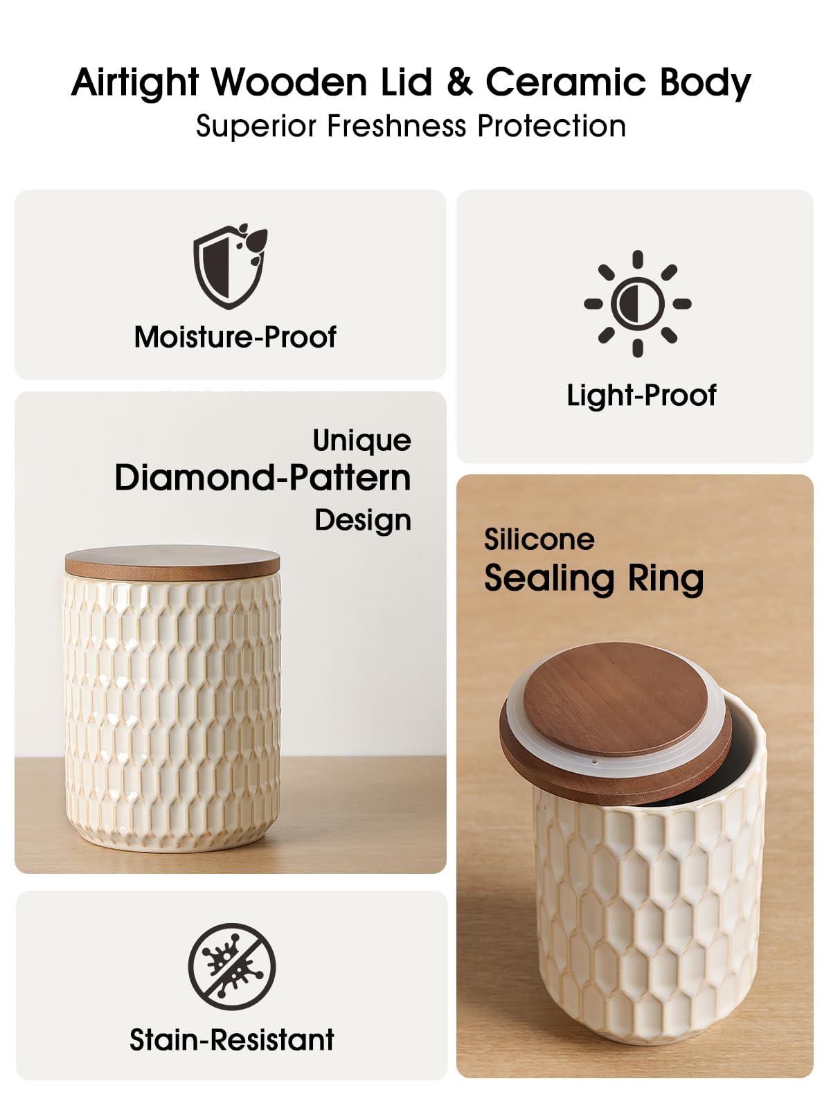 ArteBake Ceramic Canisters Sets for the Kitchen, Flour Sugar Storage Containers, Diamond-Patterned Design, Coffee Canister with Airtight Lid for Counter Spice and Food (White Sets of 2)