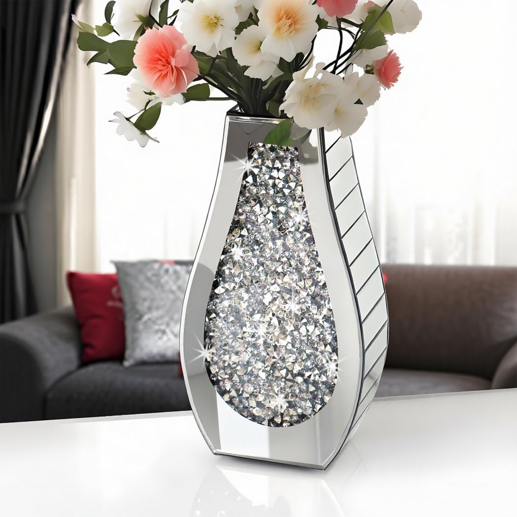 15" Crushed Diamond Mirror Vase, Silver Luxury Table Decor