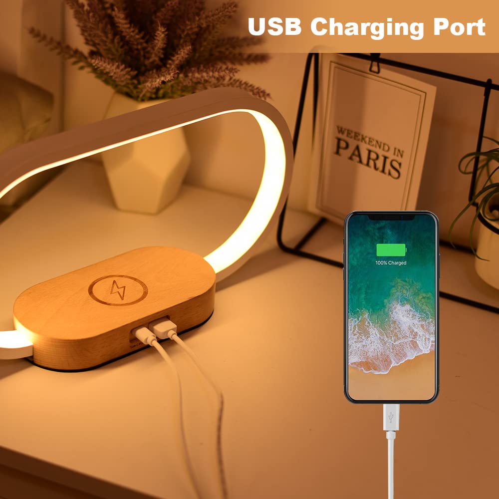 Donewin Bedside Lamp with Wireless Charger,Wooden Table Lamp with Charging Station,Touch Nightstand Lamp with Clock,3 Color Stepless Dimming Touch Lamp for Bedroom,Unique Gifts for Women