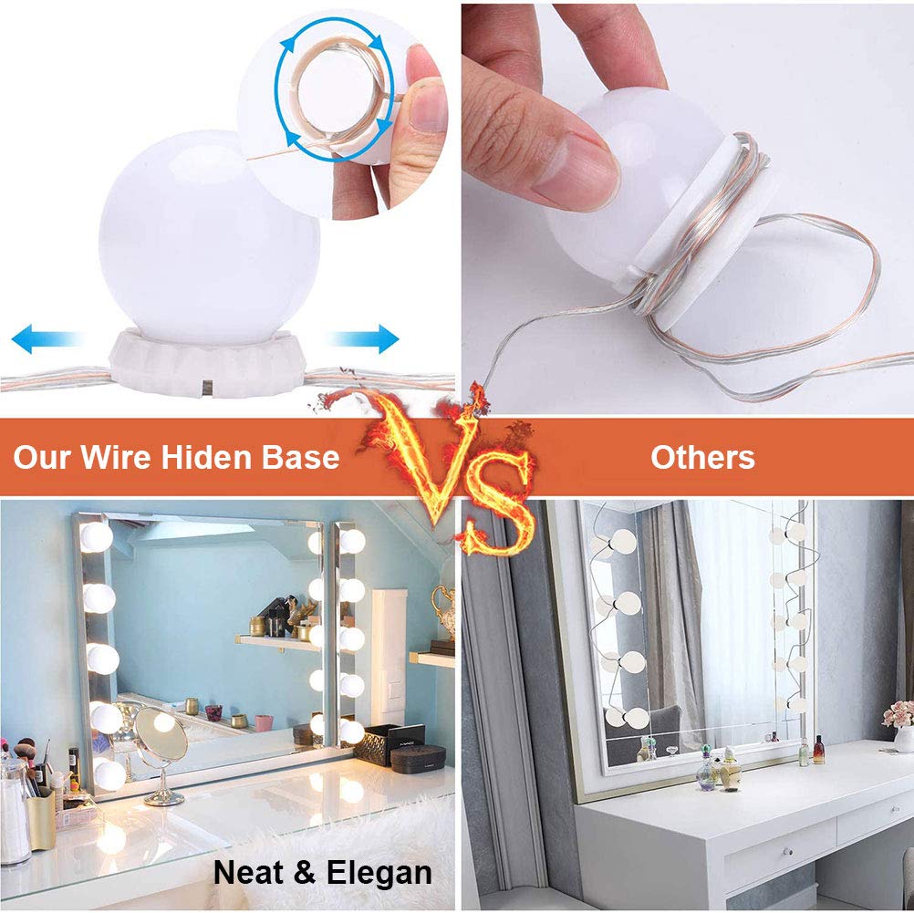 Hollywood Style Mirror Lights Kit DIY, LED Vanity Makeup Lamp 14 Globe Bulbs Dimmable Stick on to Mirror USB with 3 Light Colors & 10 Brightness Levels for Dressing Table Room, Bathroom, Bedroom