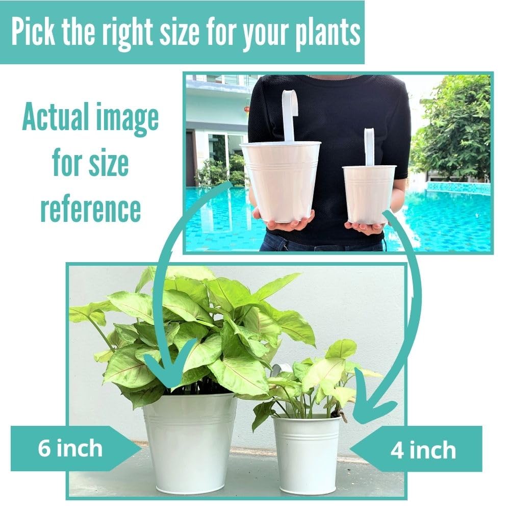LaLaGreen 6 Inch Hanging Planter Iron - 10 Pack, White Large Metal Flower Pot Over Rail Balcony Railing Hanging Buckets for Plants Outdoor Fence Wall Herb Garden Succulent Outside Deck Patio Porch