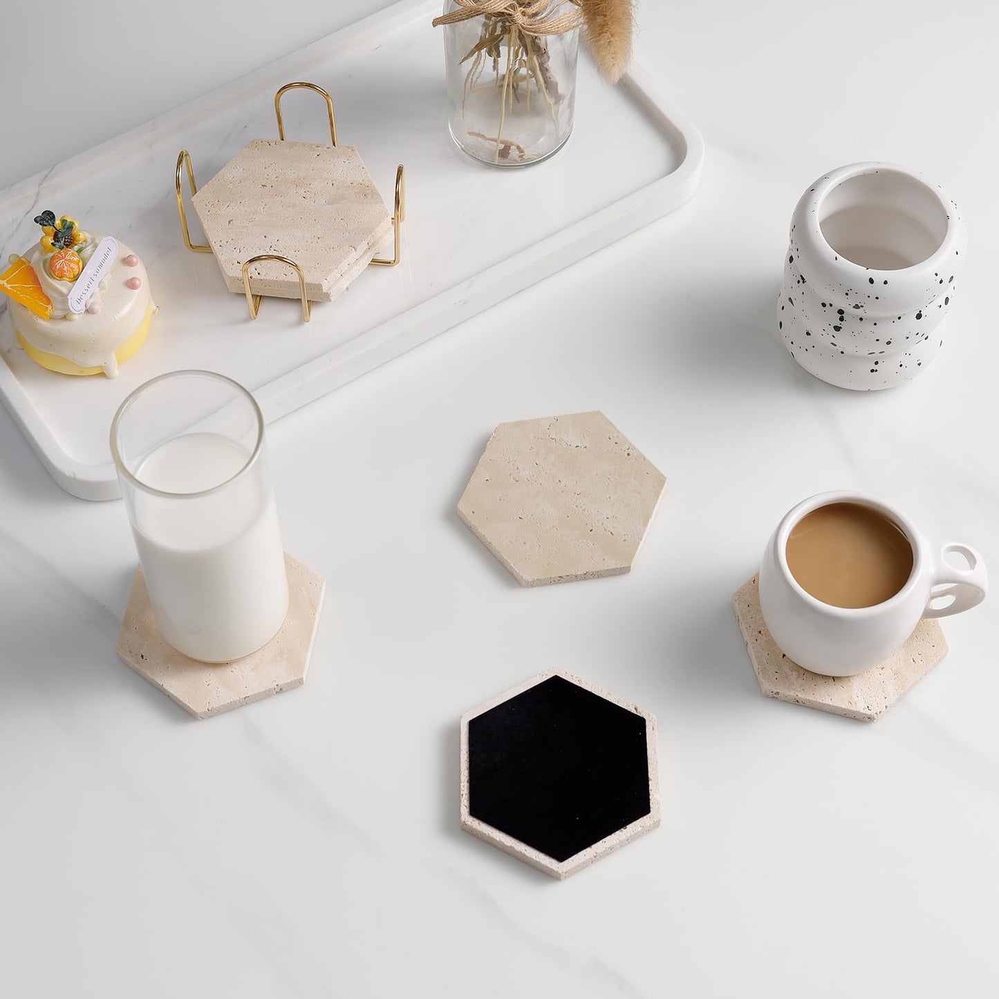 YONGHEE Travertine Coasters Set of 6 with Holder, Hexagonal Rustic Farmhouse Beige Marble Drink Coasters for Coffee Table Decor, Porous Stone Absorbent Coaster for Drinks, Velvet Backed