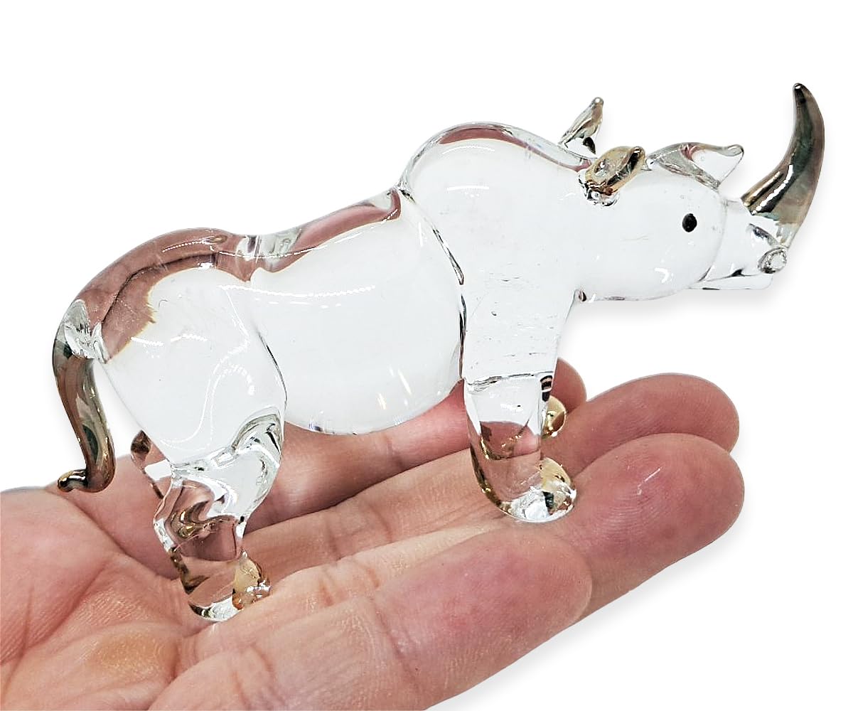 WitnyStore Tiny 5½" Clear Gold Stand Rhino Figurine - Miniature Hand Blown Painted Glass Rhinoceros Tropical Savanna Wildlife Animals Cute Crystal Decorative Figures Collectible Figurines Décor Gifts