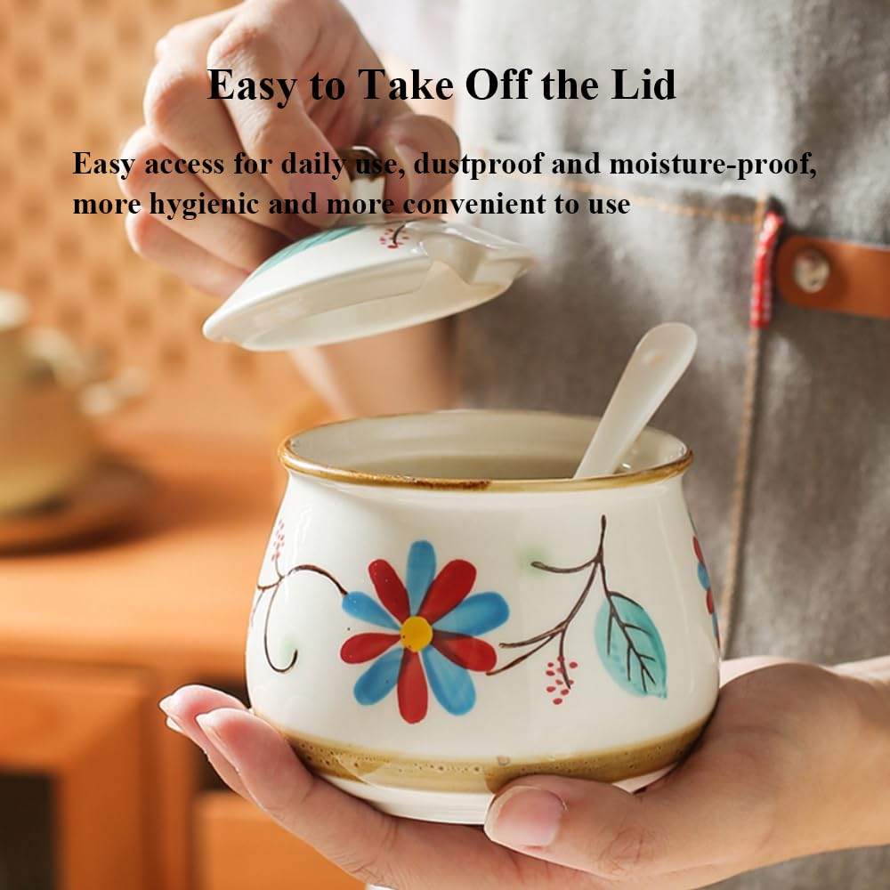 YMYL Ceramic Sugar Bowl with Lid and Spoon, 11oz Porcelain Sugar Holder for Coffee Bar, Salt Container Pepper Storage Jar for Home and Kitchen (Blue)