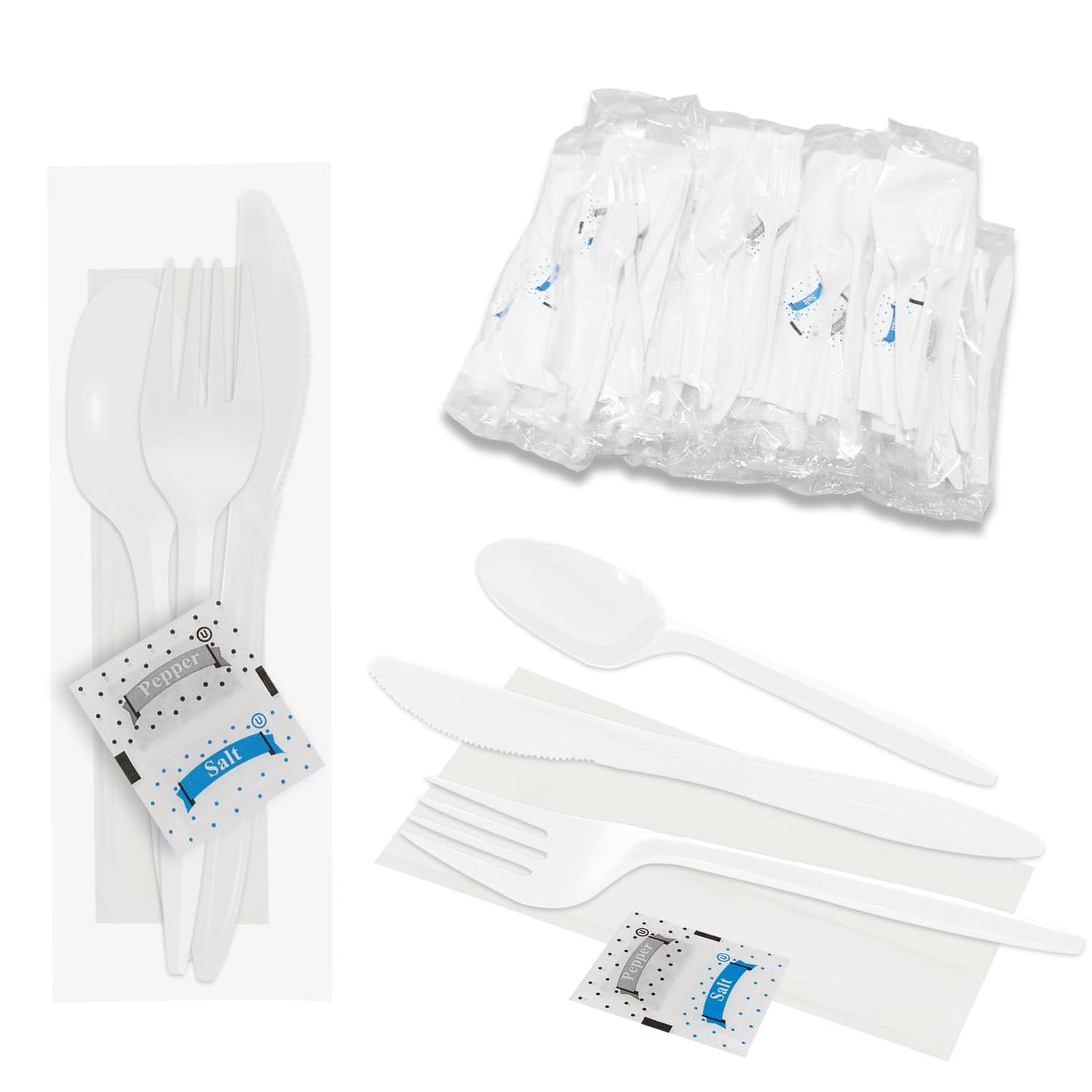 50 Pack Knife Fork Spoon Napkin Salt Pepper Sets, Individually Wrapped White Plastic Cutlery Packets for Delivery, Cafeterias, Restaurants